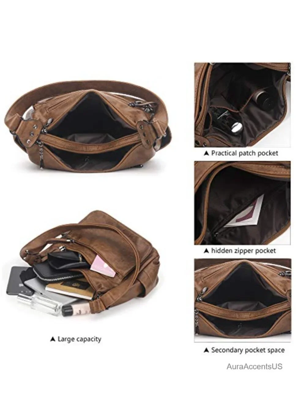 PU Leather Hobo Crossbody Bag Multi-Pocket Shoulder Tote Purse
